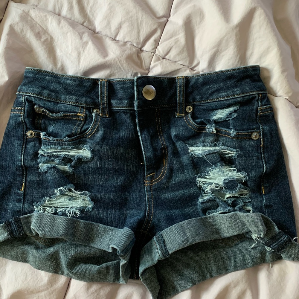 American eagle distressed dark wash jean shorts